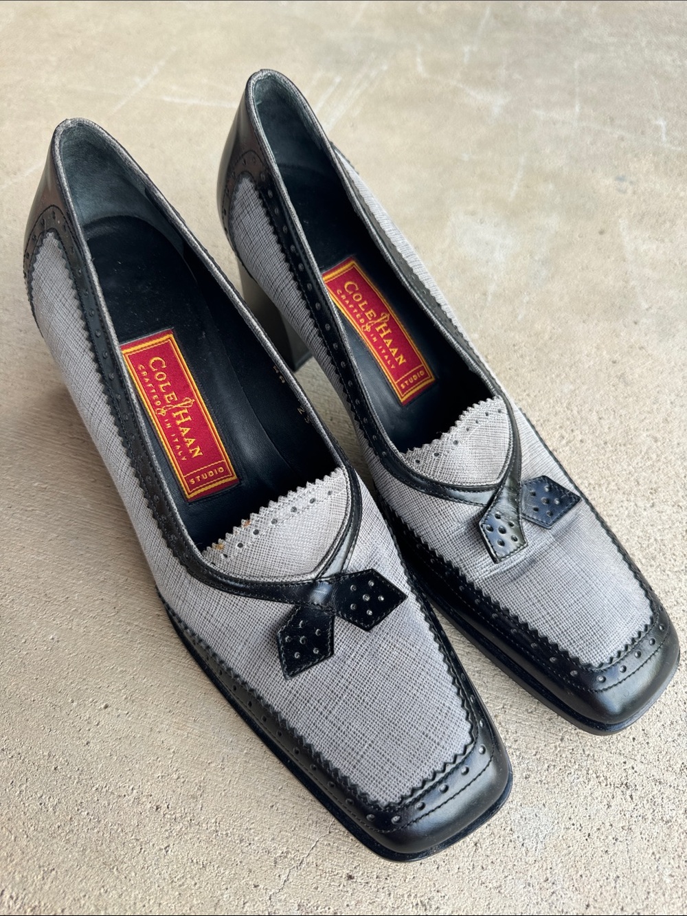 Vintage Cole Haan Gray and Black Leather-Trim Slip-On Loafers extra narrow